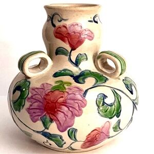 RARE Vintage Italian Hand Painted Triple Loop Handle Pottery Vase